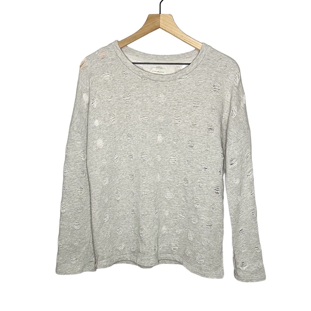 Lucky Brand Oversized Distressed Polka Dot Sweatshirt in Gray S